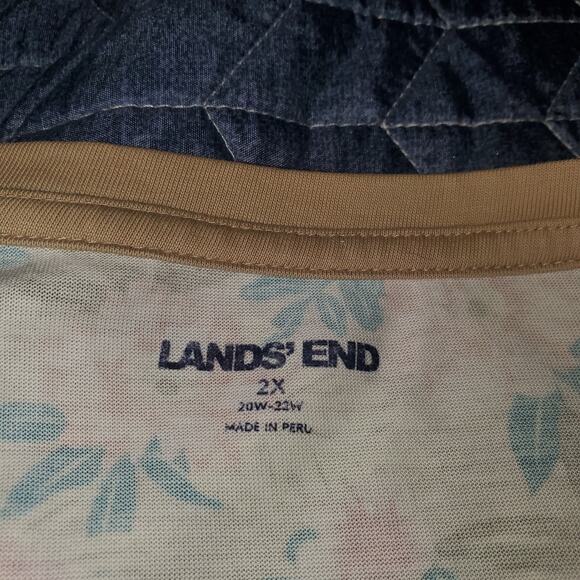 Lands End Size 2X 3/4 Sleeve Tan Pink Floral Cotton Stretch Top FLAW - Picture 5 of 8